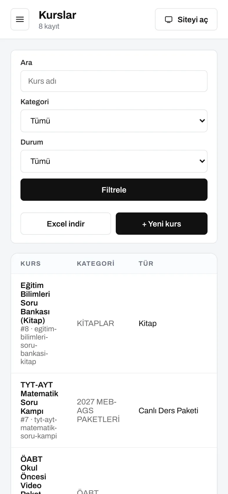 Paket listesi — telefon görünümü