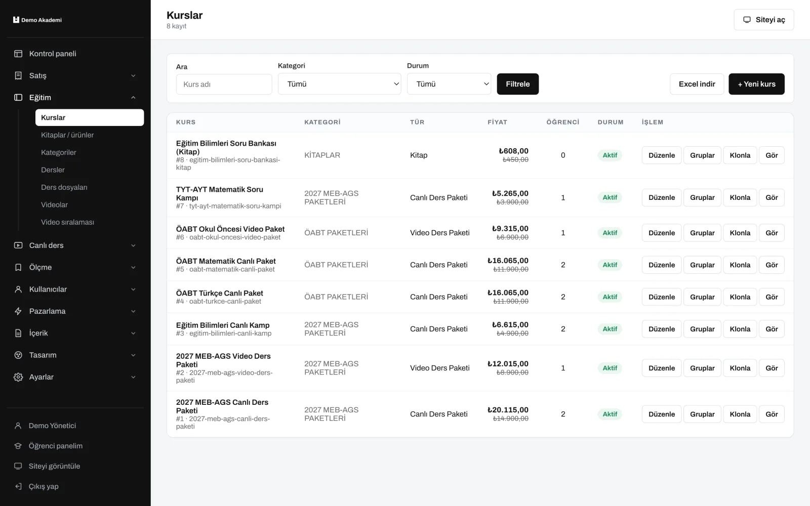 Paket listesi — uzem.app ekranı