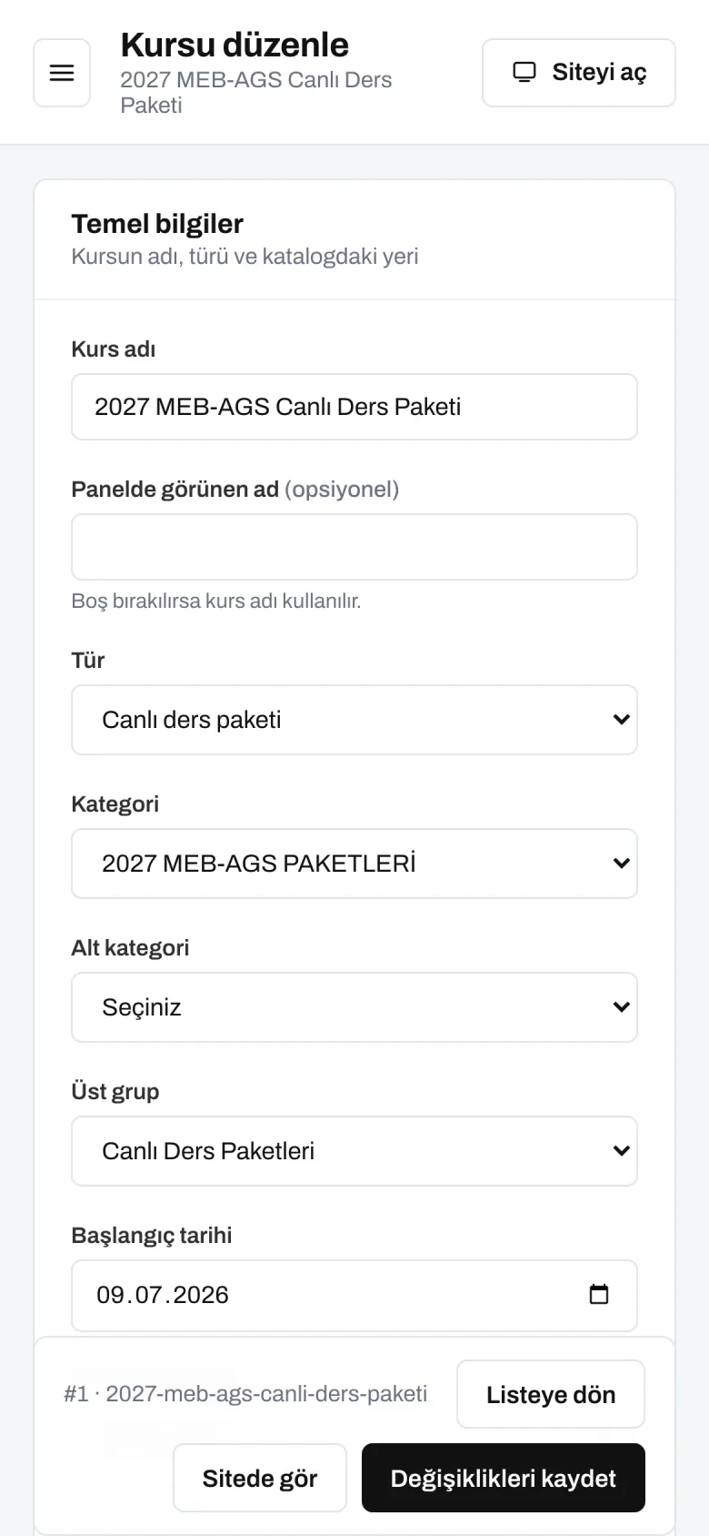 Paket düzenleme — telefon görünümü