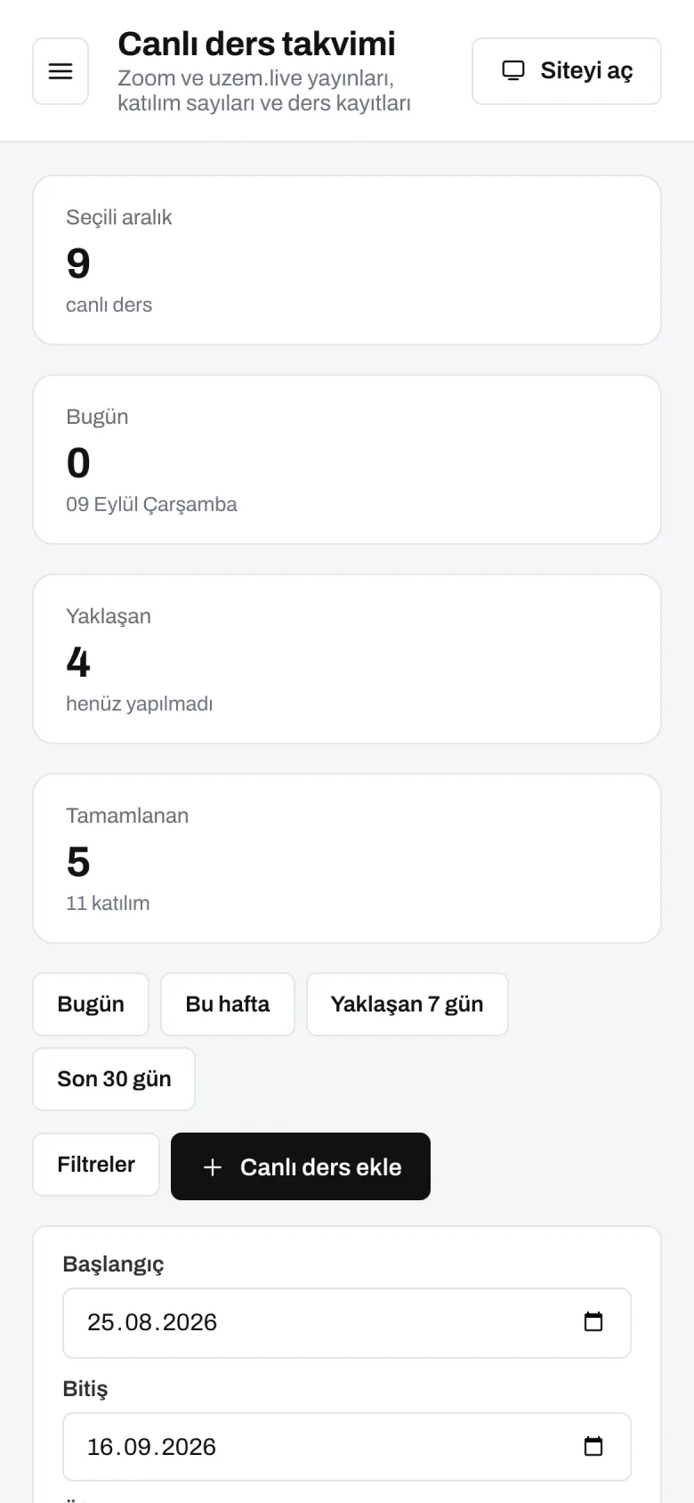 Canlı ders takvimi — telefon görünümü