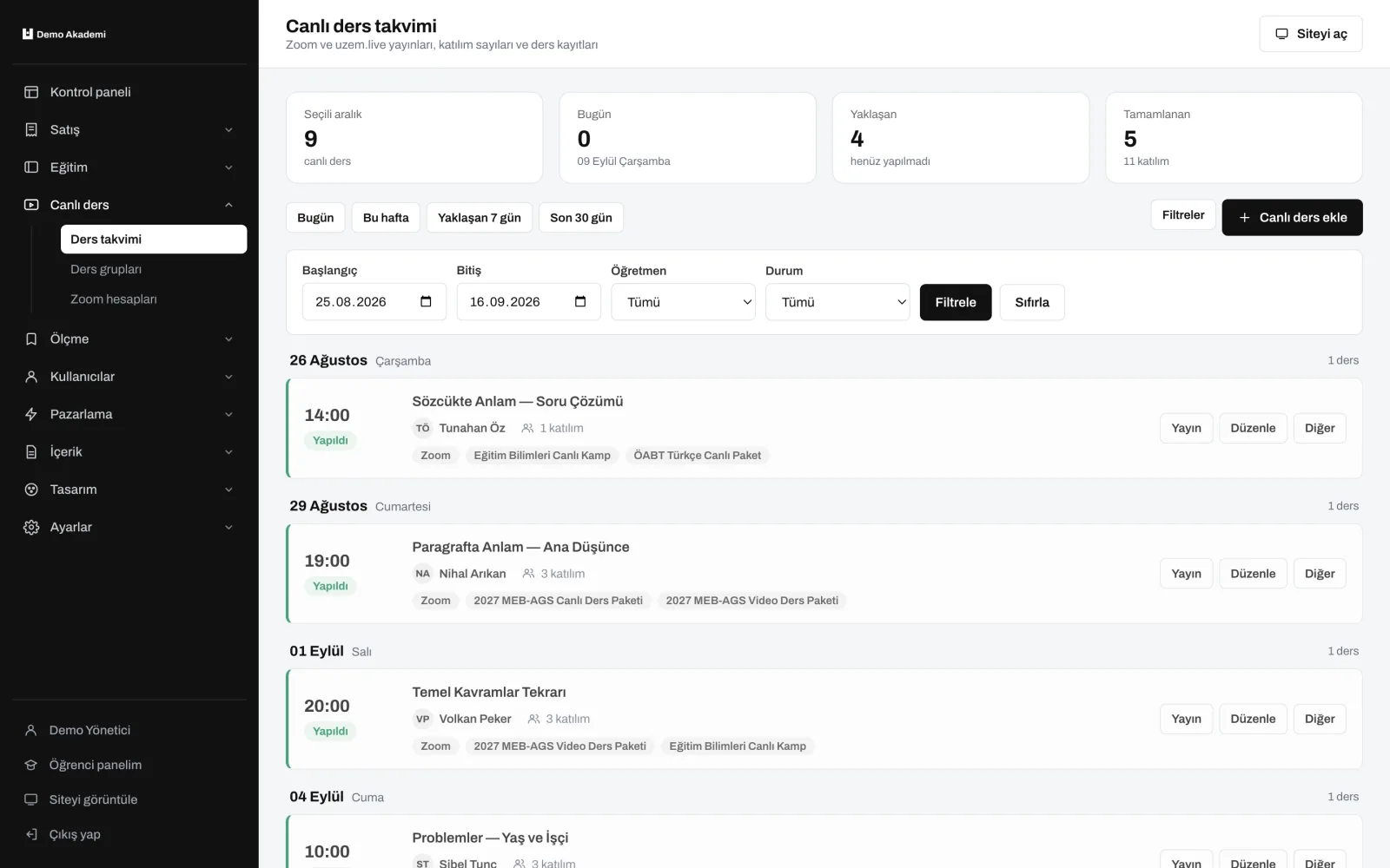 Canlı ders takvimi — uzem.app ekranı