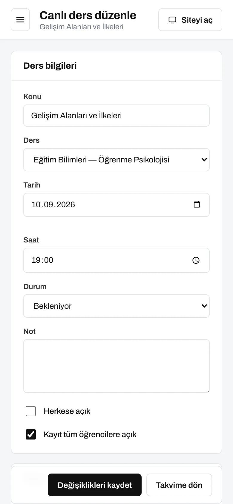 Ders detayı — telefon görünümü