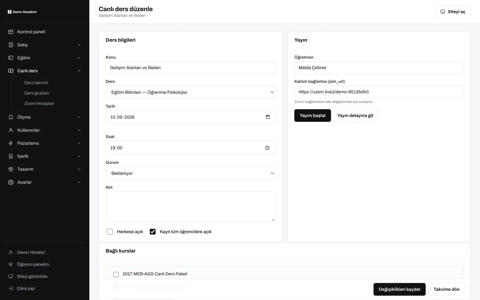 Ders detayı — uzem.app ekranı