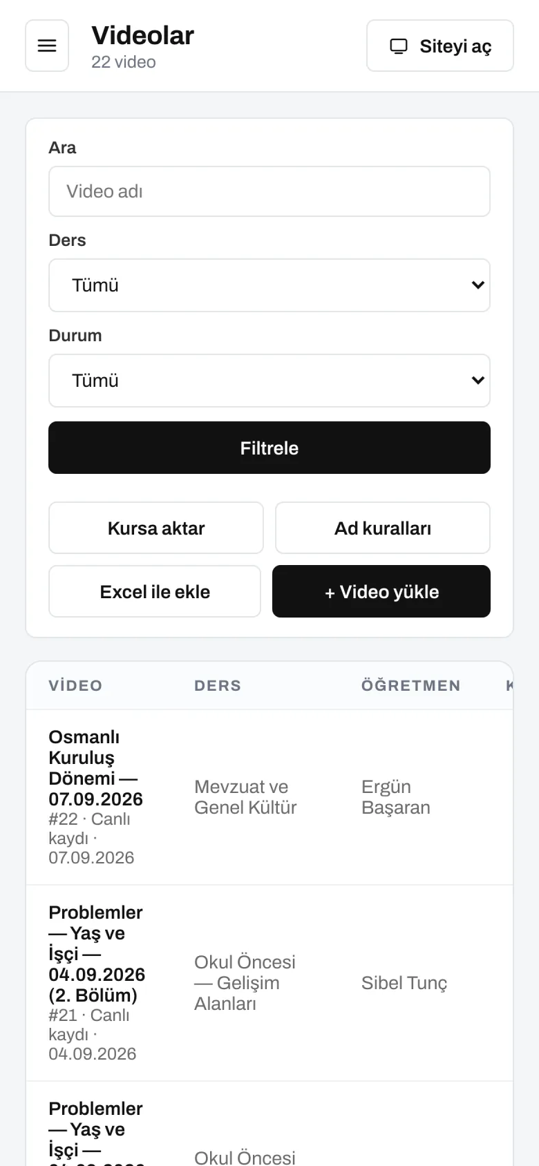 Video listesi — telefon görünümü