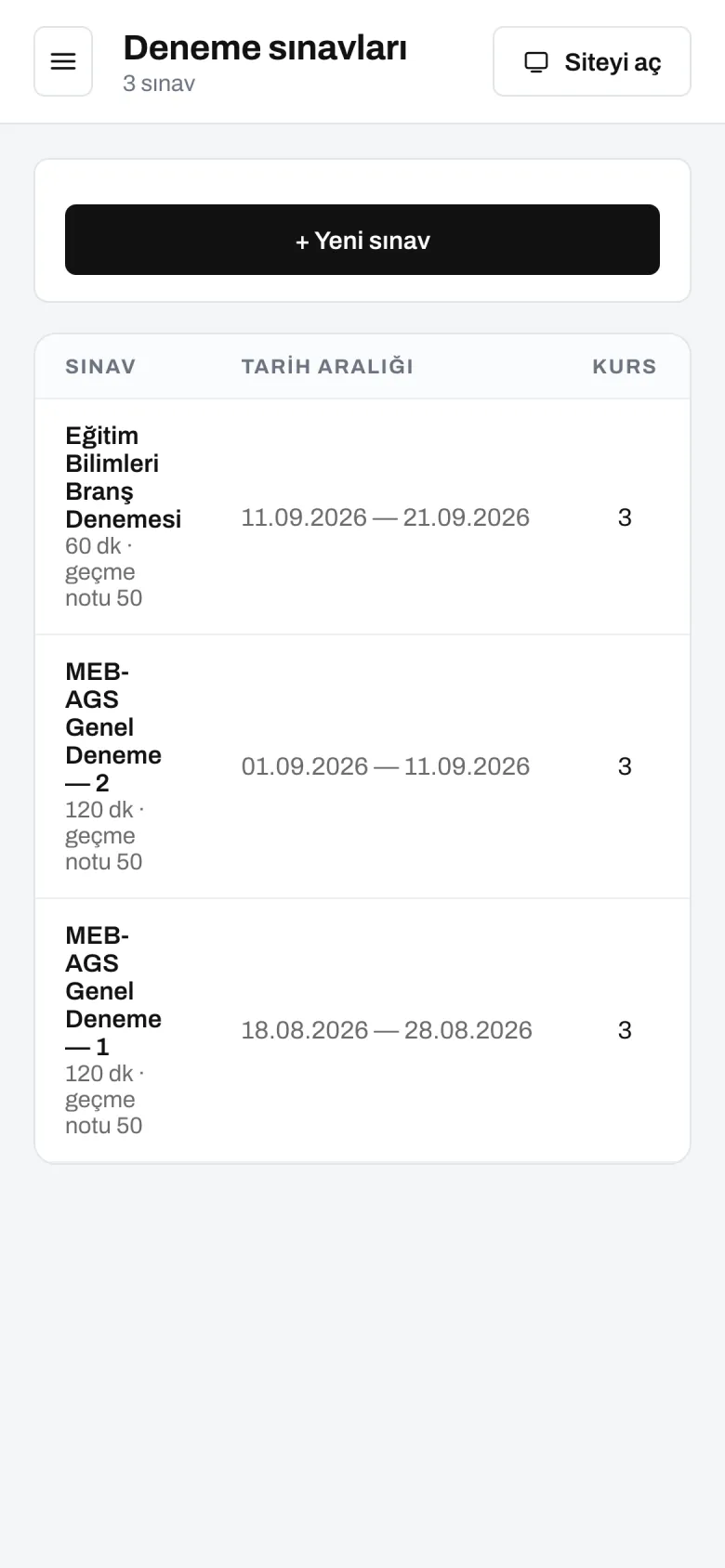 Deneme listesi — telefon görünümü