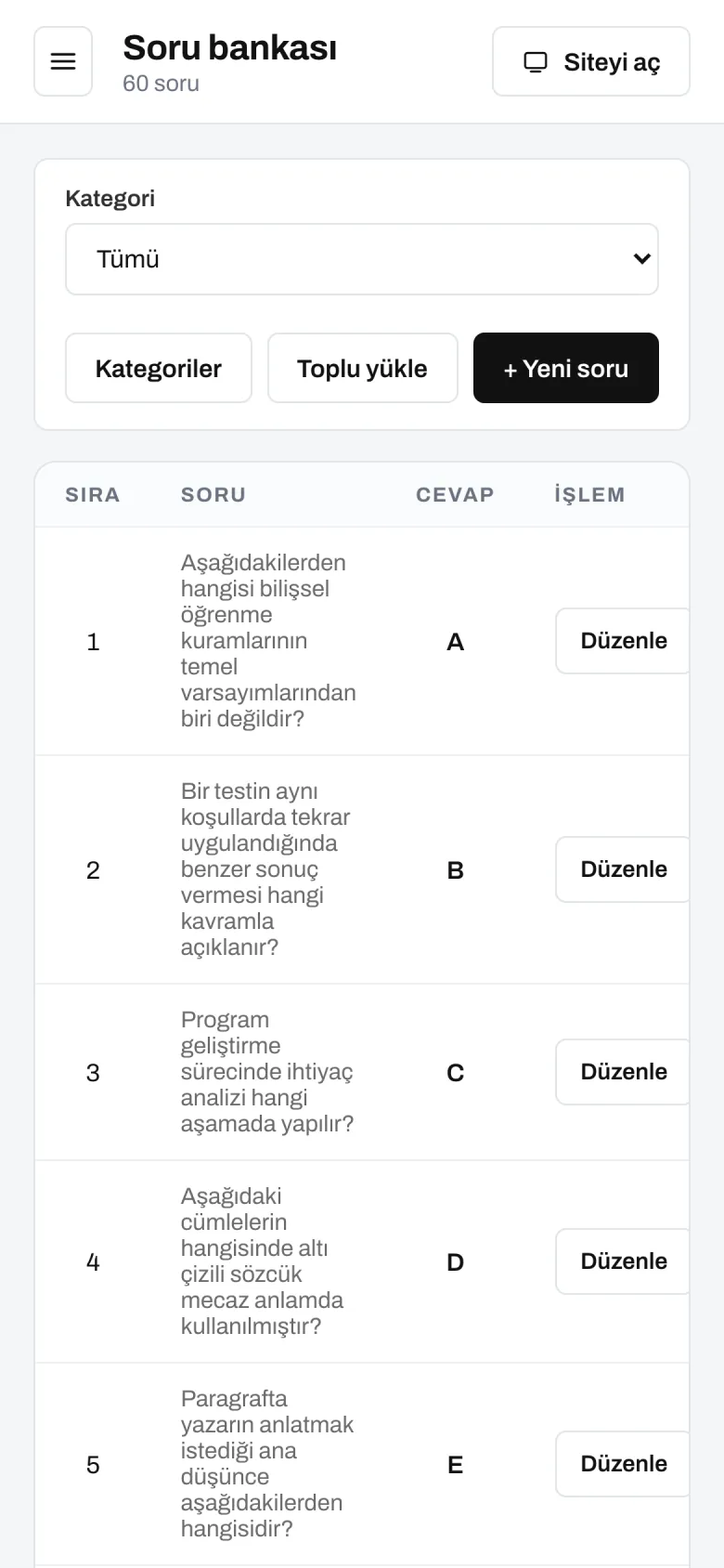 Soru bankası — telefon görünümü