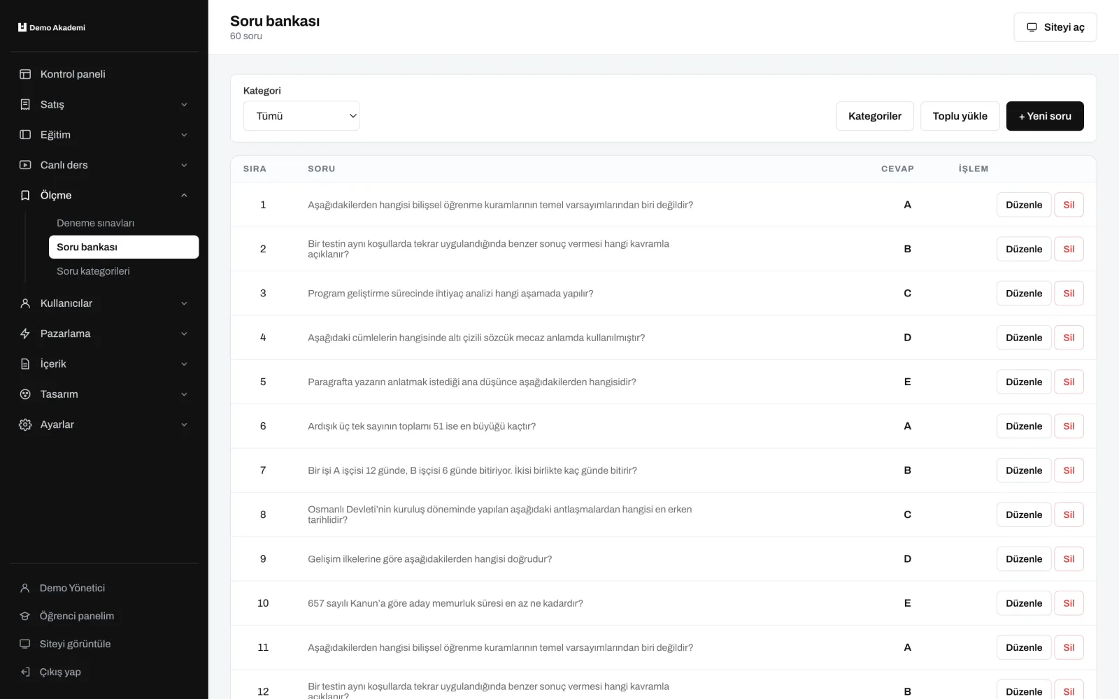 Soru bankası — uzem.app ekranı