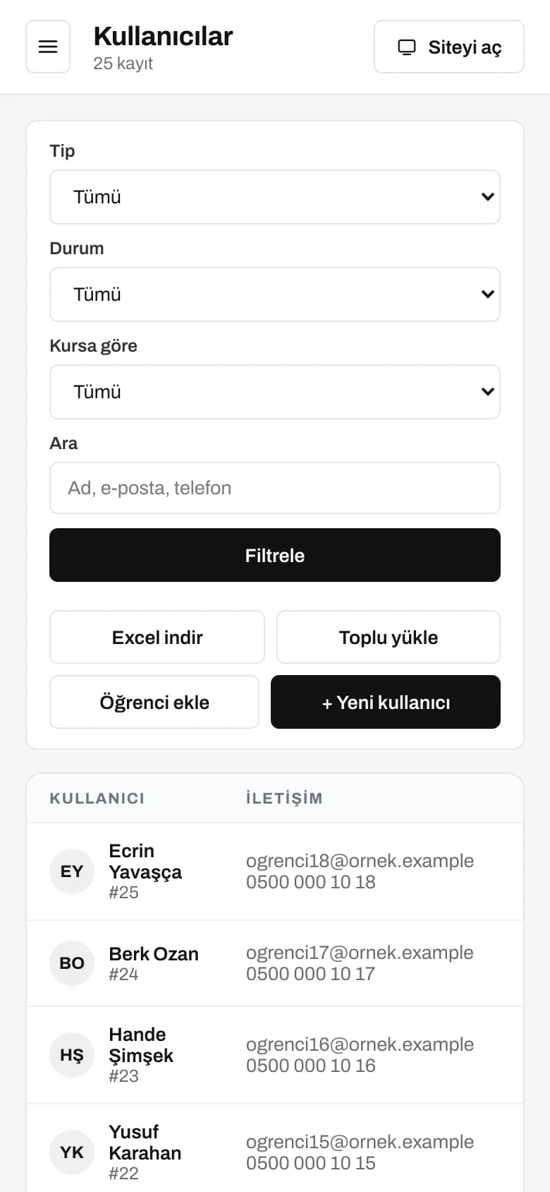 Kullanıcılar — telefon görünümü