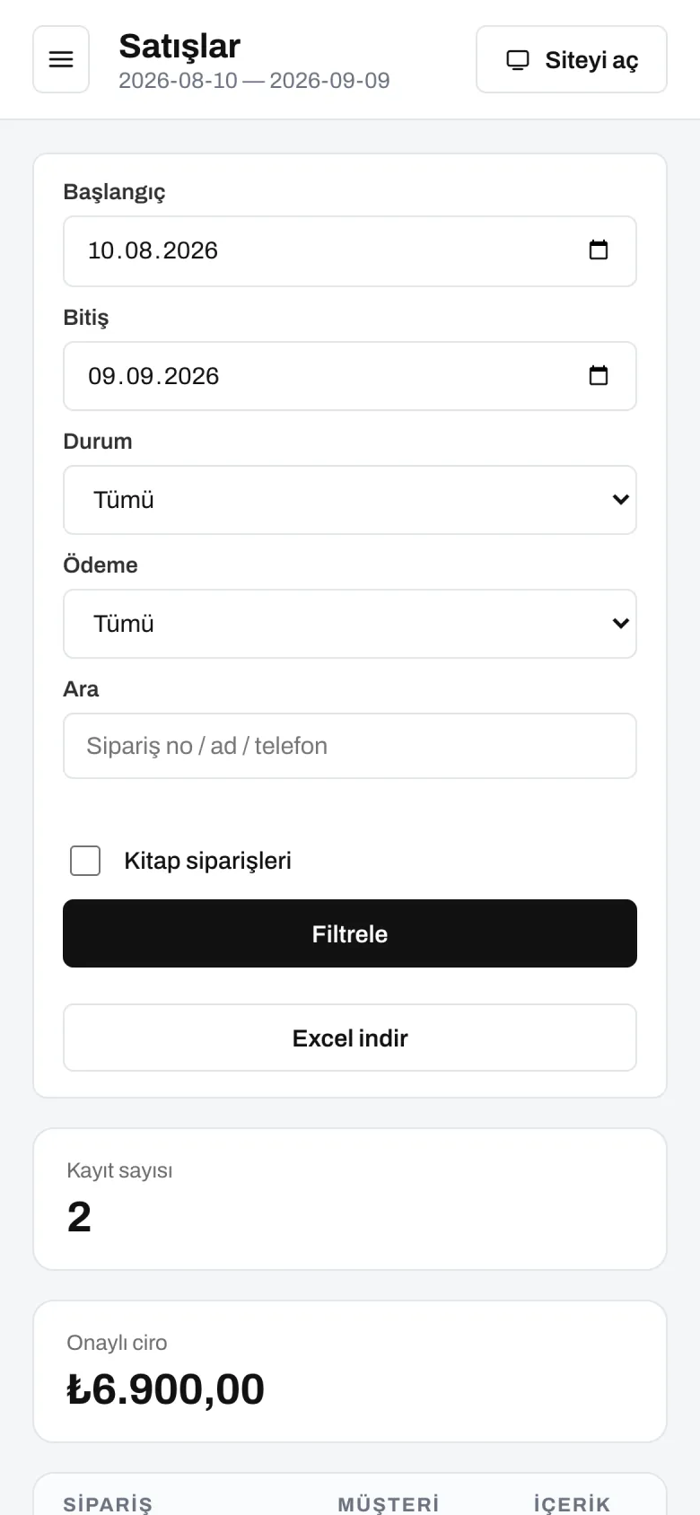 Sipariş listesi — telefon görünümü