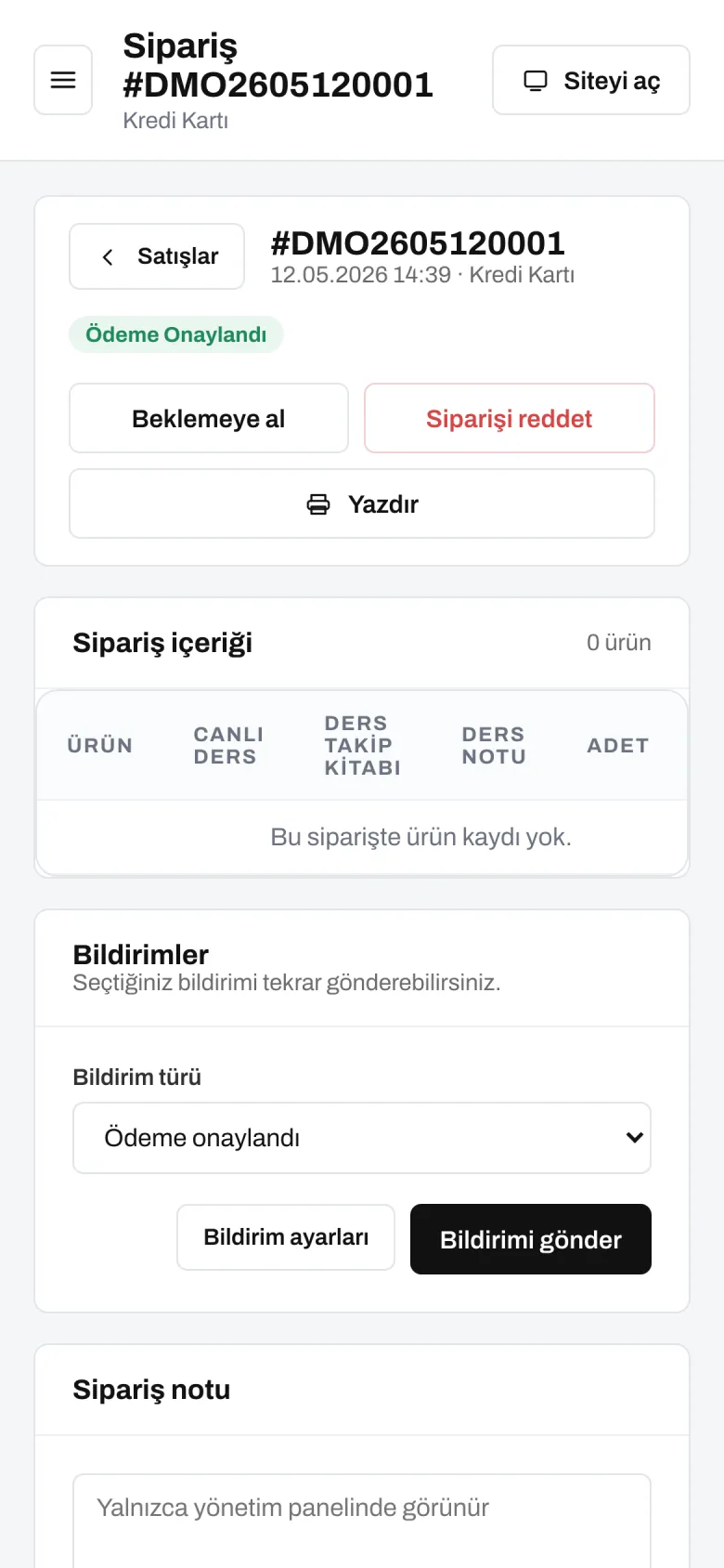 Sipariş detayı — telefon görünümü