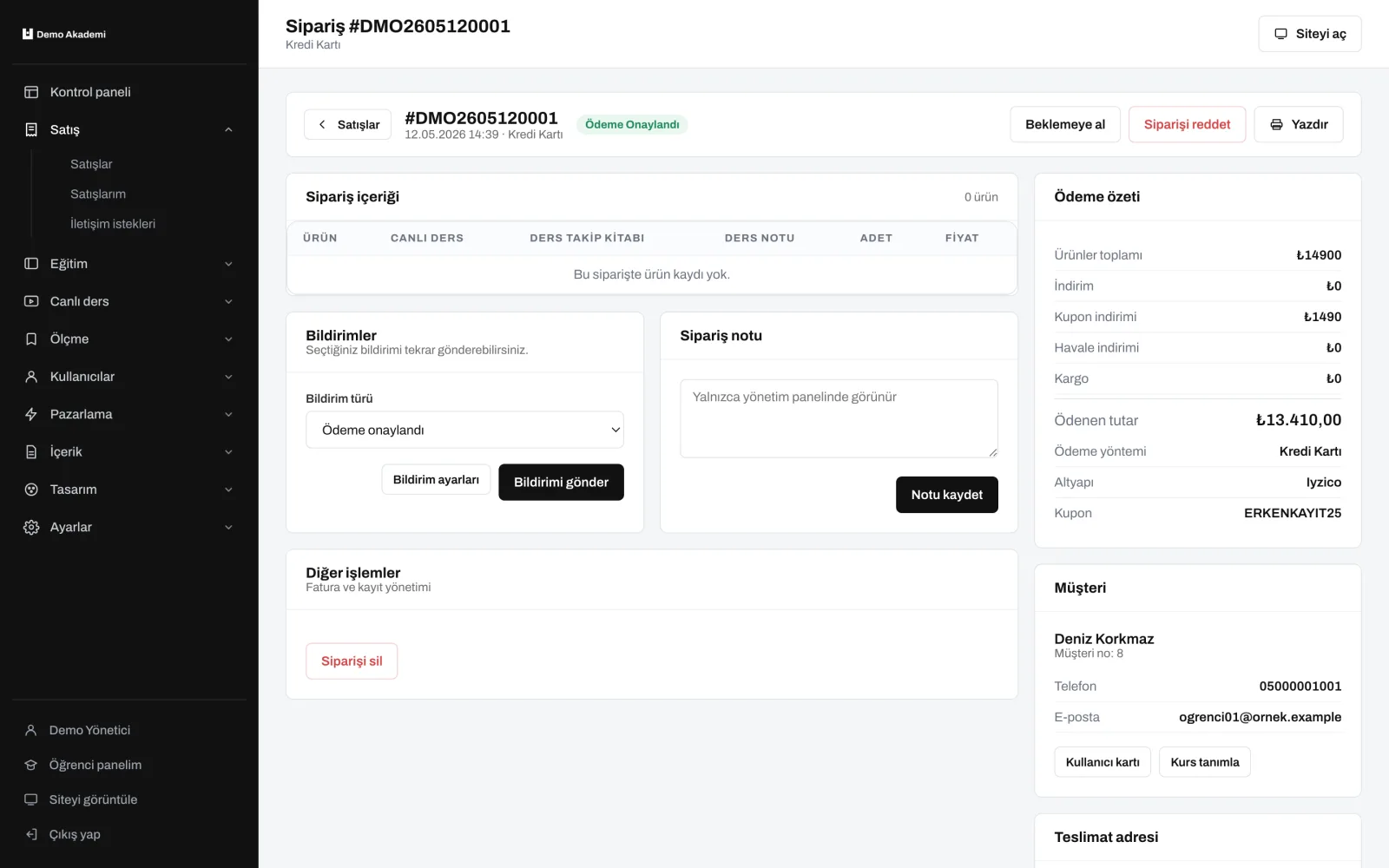 Sipariş detayı — uzem.app ekranı