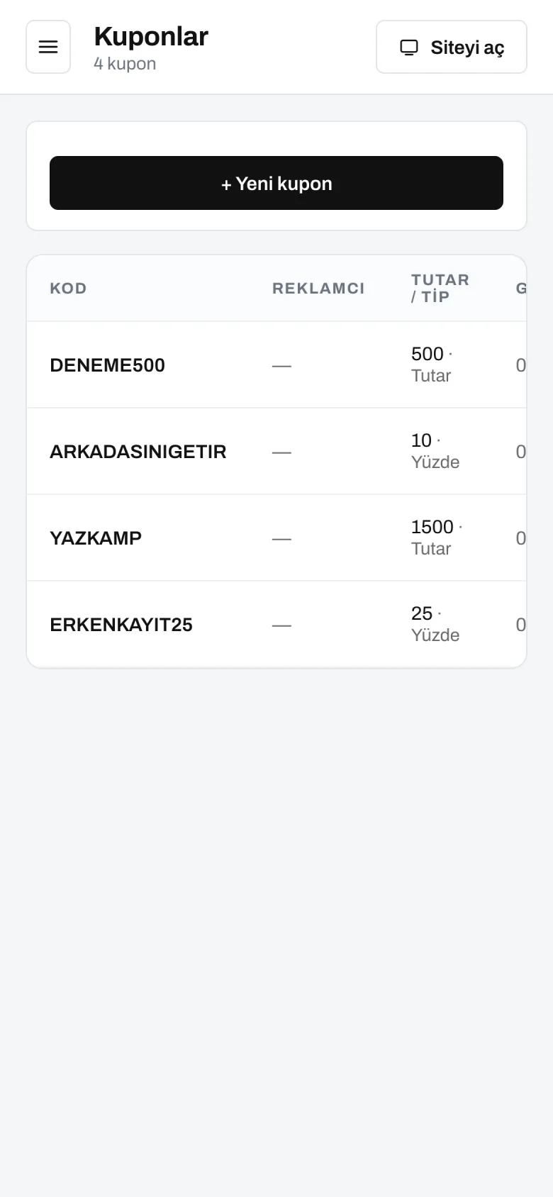 Kuponlar — telefon görünümü