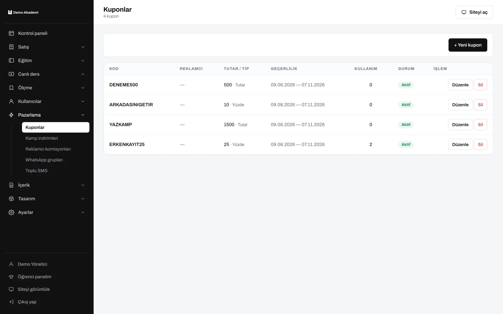 Kuponlar — uzem.app ekranı