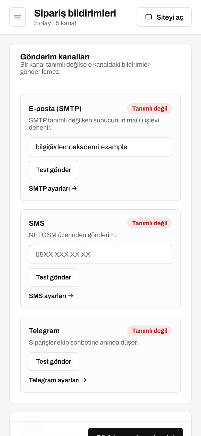 Bildirim ayarları — telefon görünümü