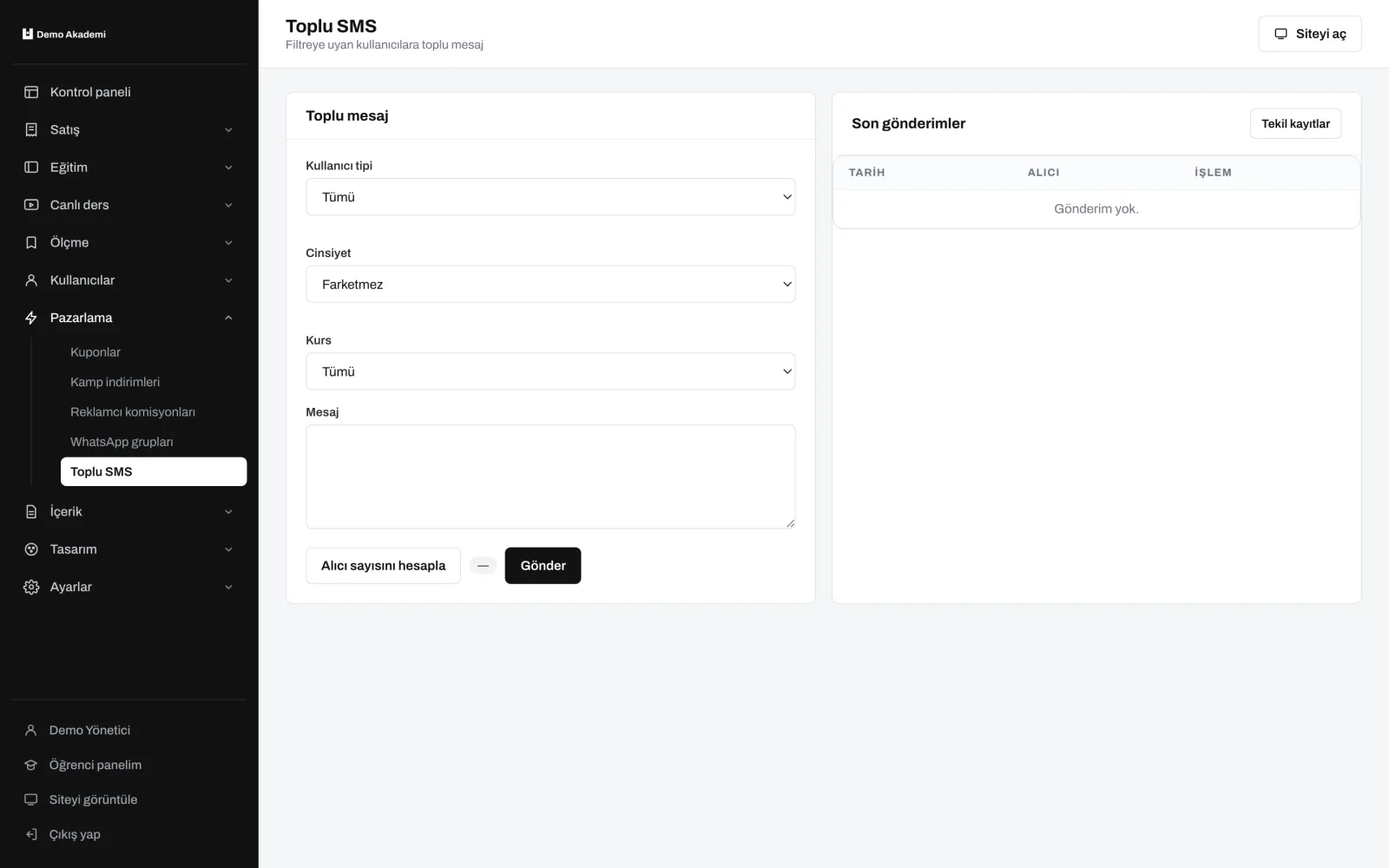 SMS — uzem.app ekranı