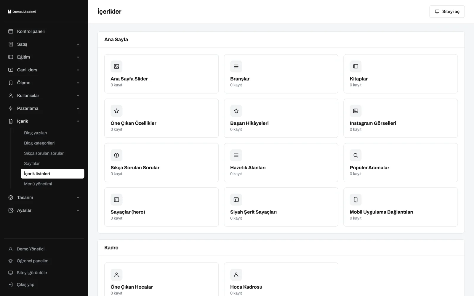 İçerik listeleri — uzem.app ekranı
