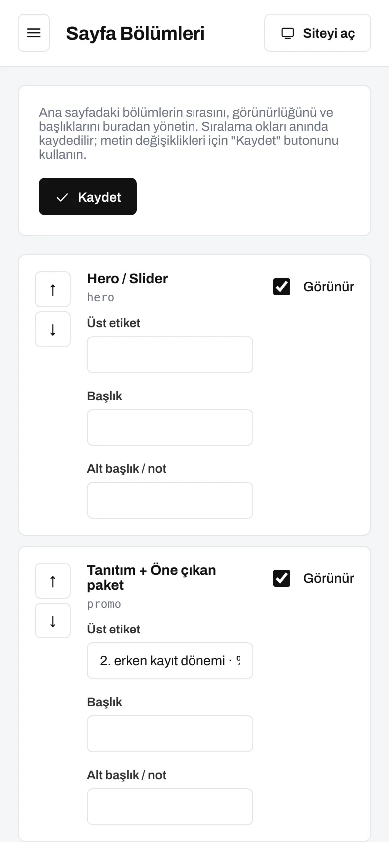 Sayfa bölümleri — telefon görünümü