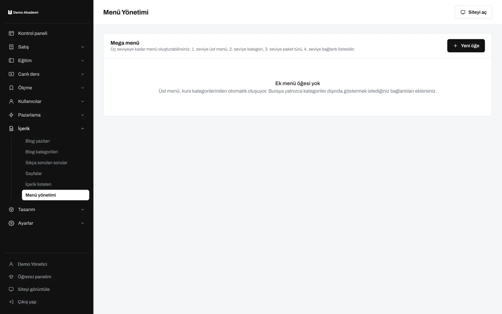 Menü yönetimi — uzem.app ekranı