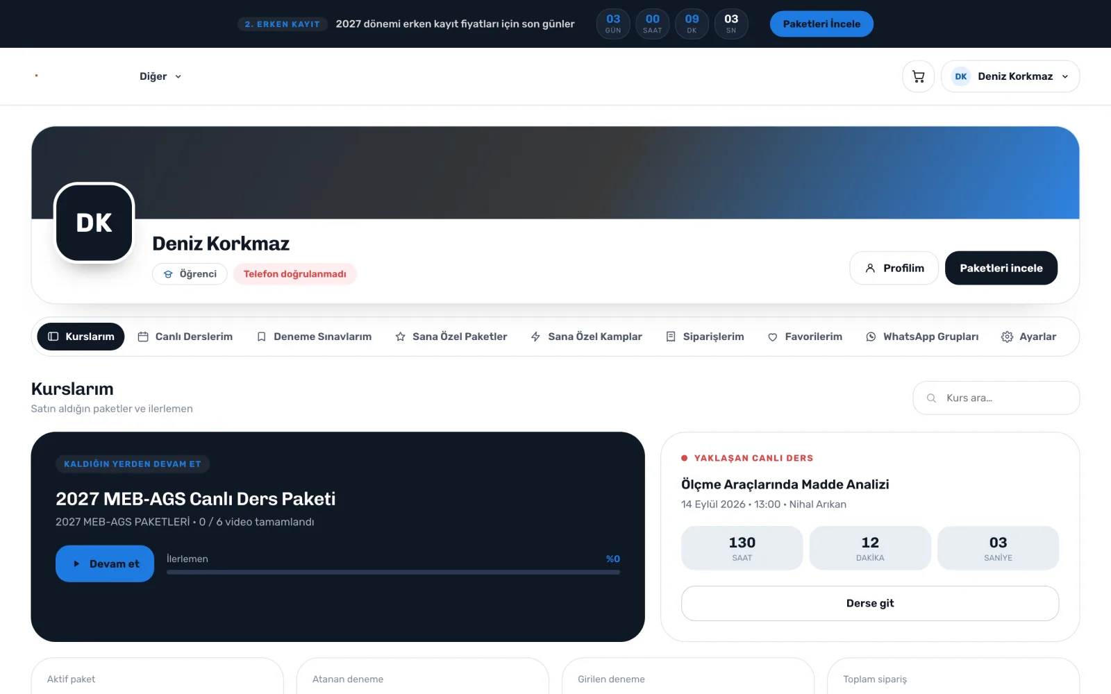 Öğrenci paneli — uzem.app ekranı