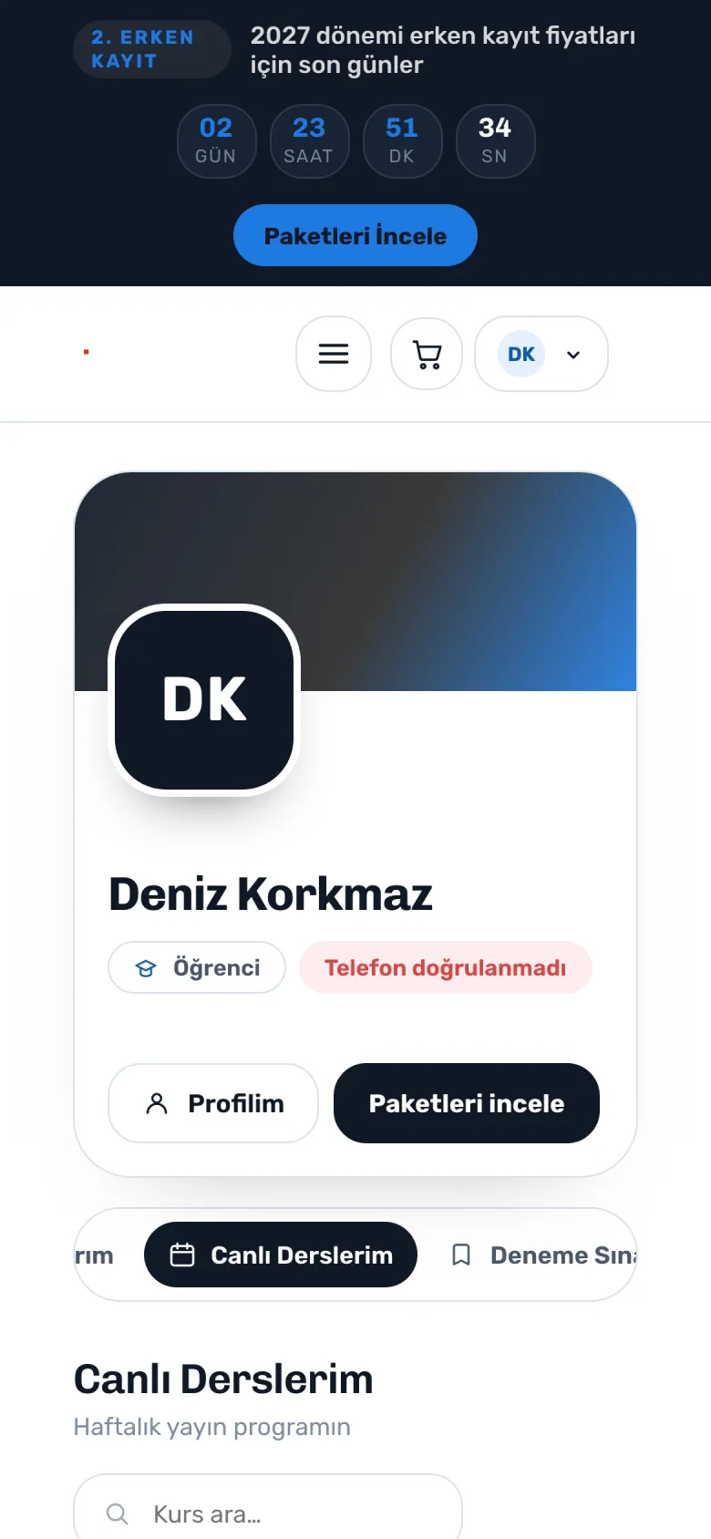 Öğrenci tarafı — telefon görünümü