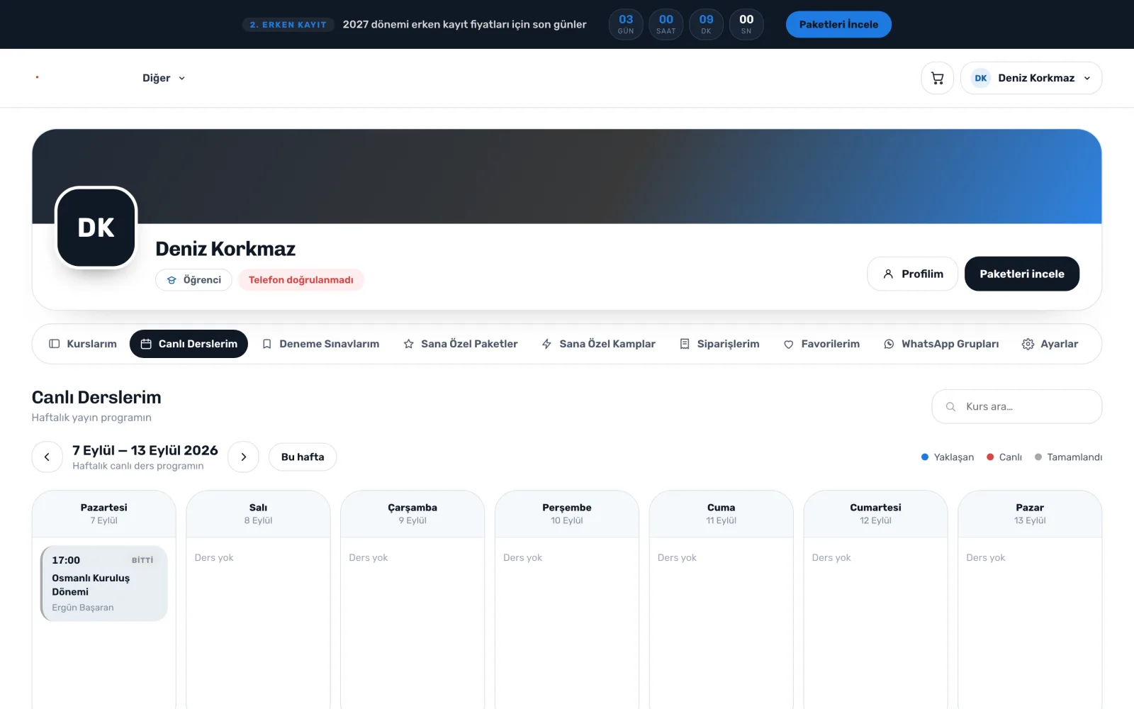 Öğrenci tarafı — uzem.app ekranı