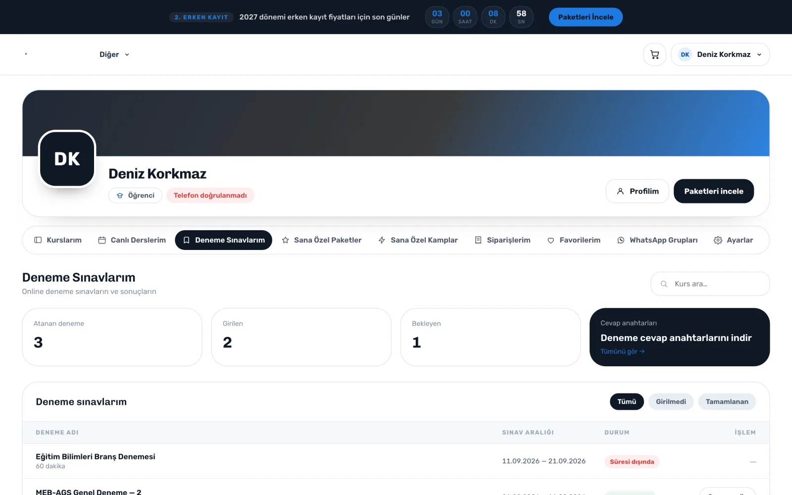 Öğrenci tarafı — uzem.app ekranı