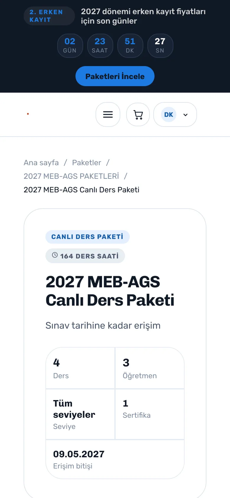 Paket sayfası — telefon görünümü