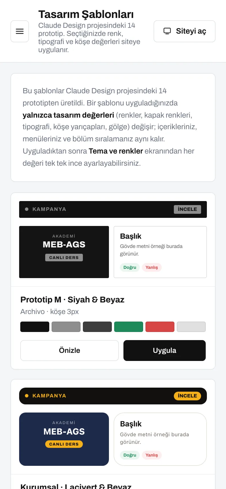 Tasarım şablonları — telefon görünümü