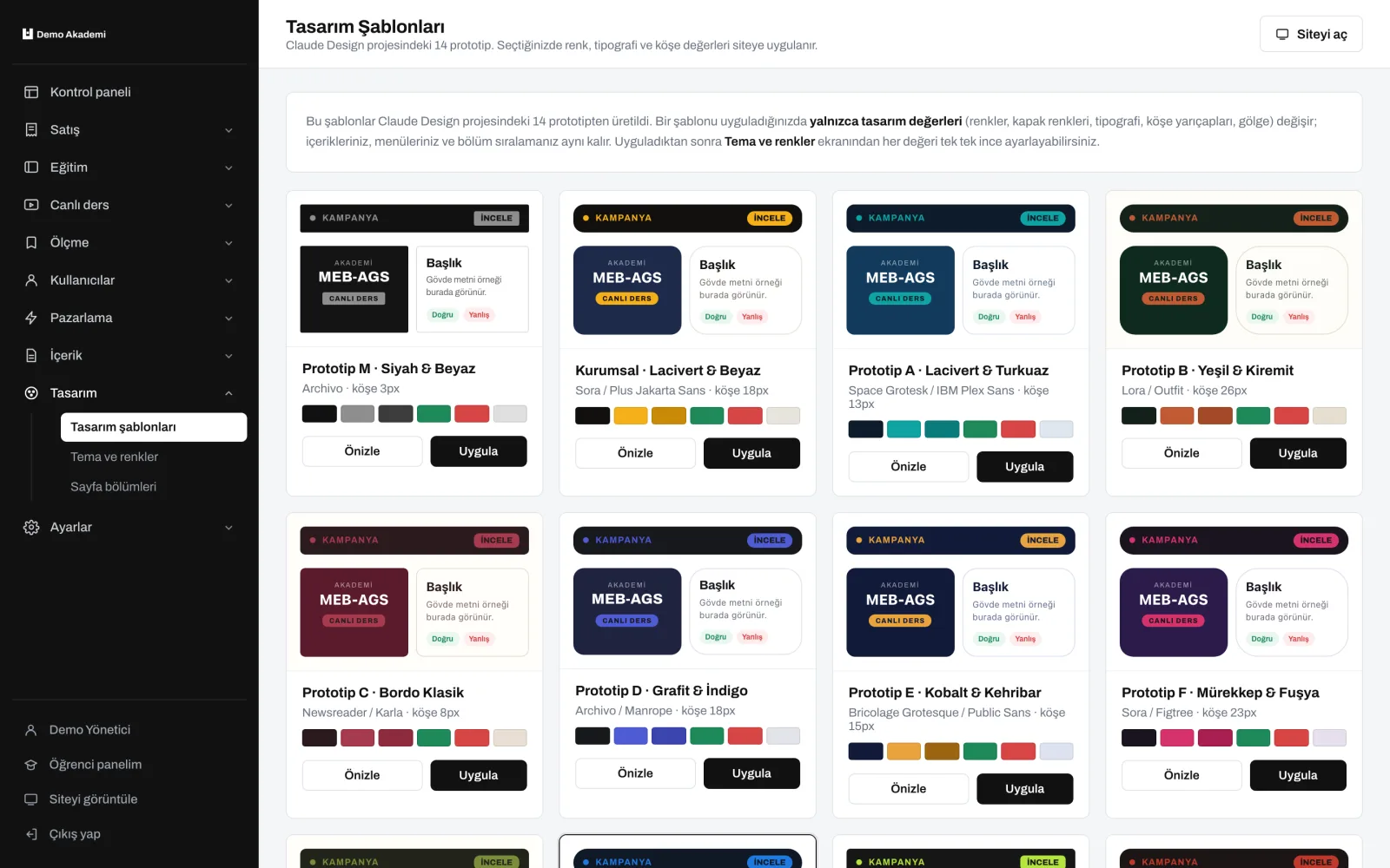 Tasarım şablonları — uzem.app ekranı