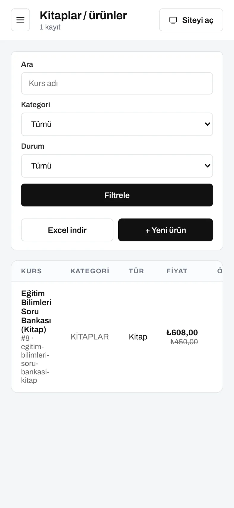 Kitaplar ve ürünler — telefon görünümü