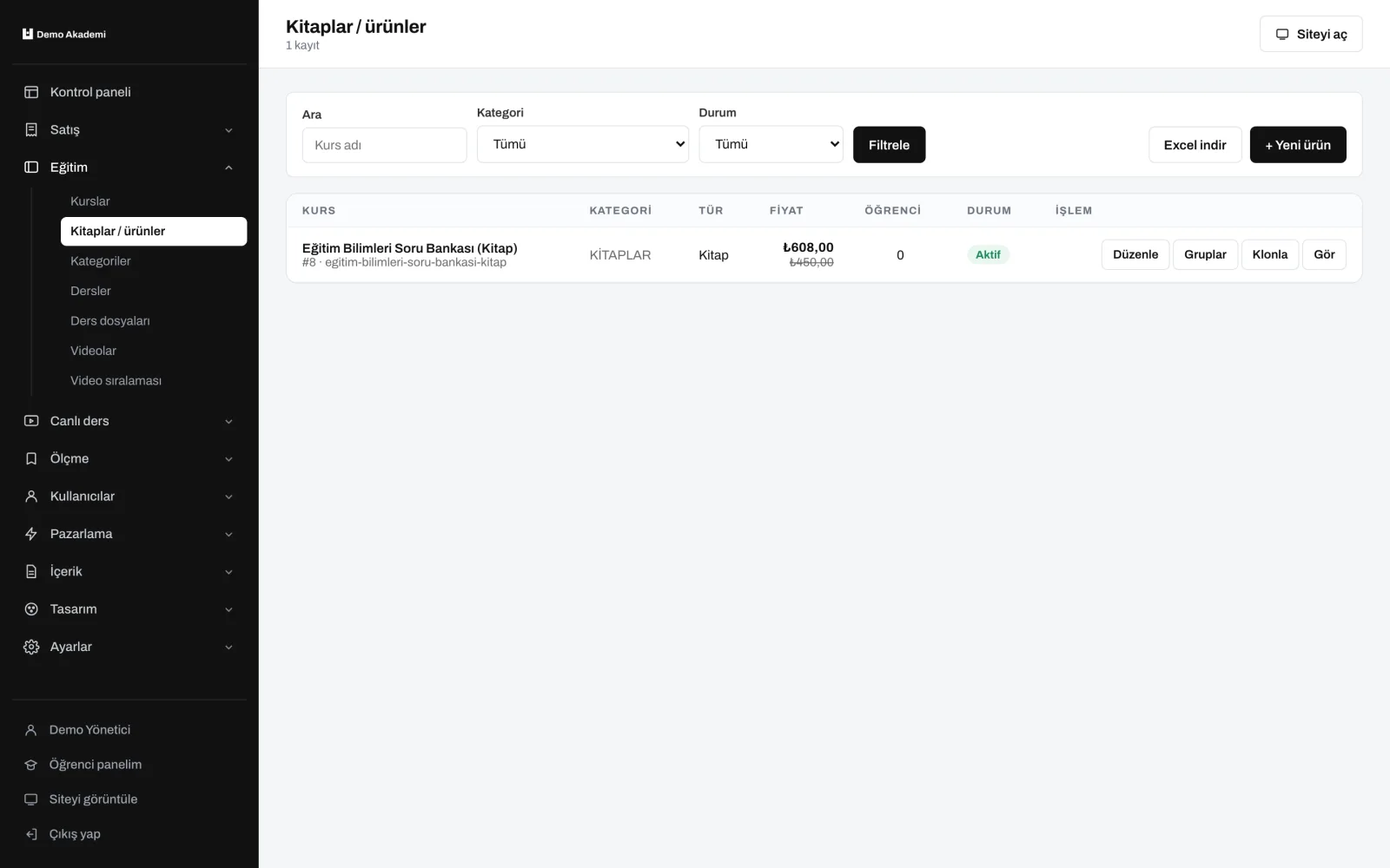 Kitaplar ve ürünler — uzem.app ekranı