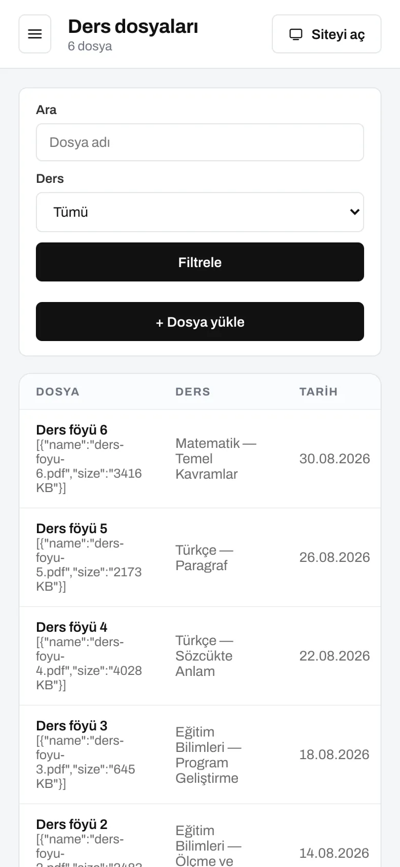 Dosya listesi — telefon görünümü