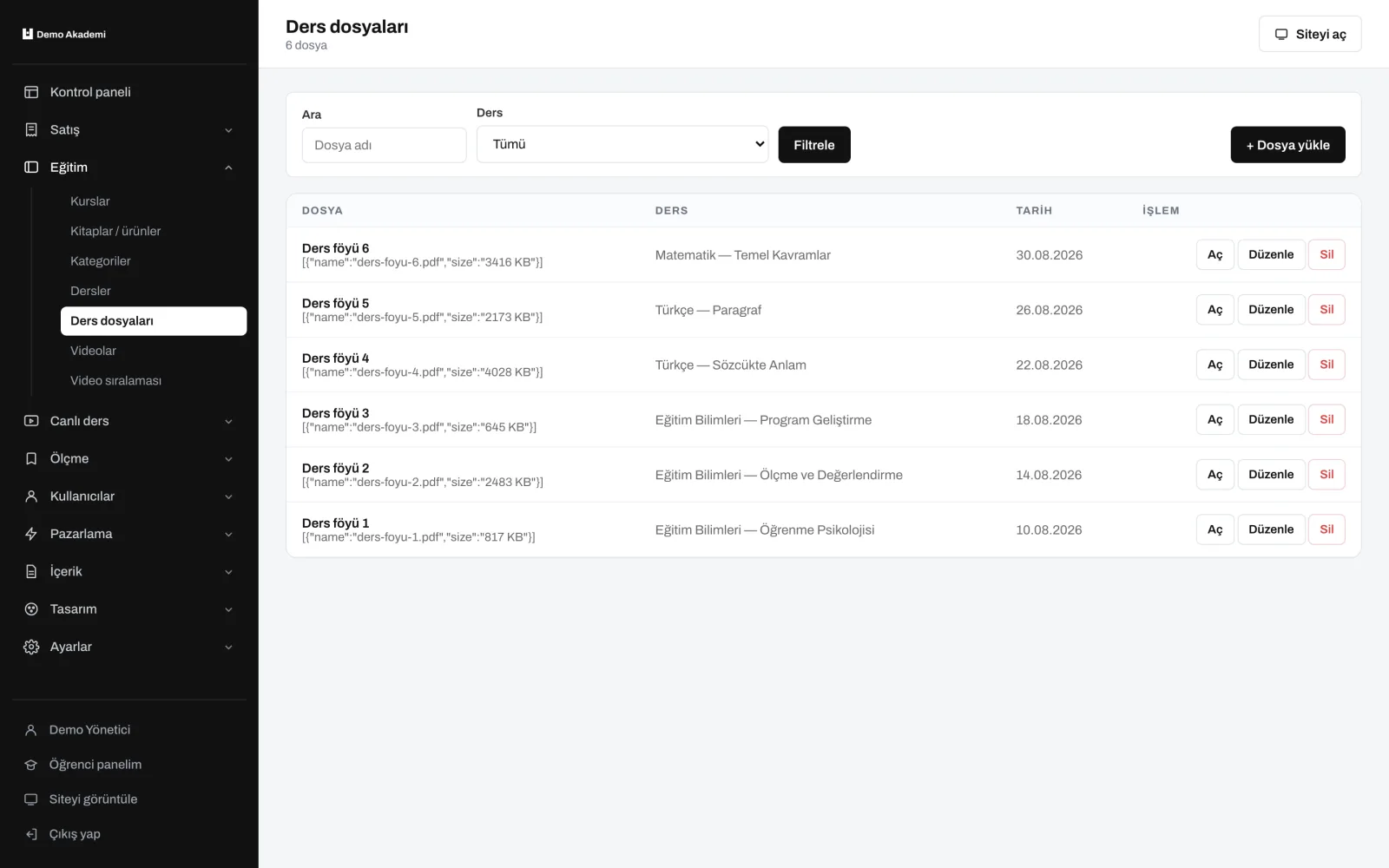 Dosya listesi — uzem.app ekranı