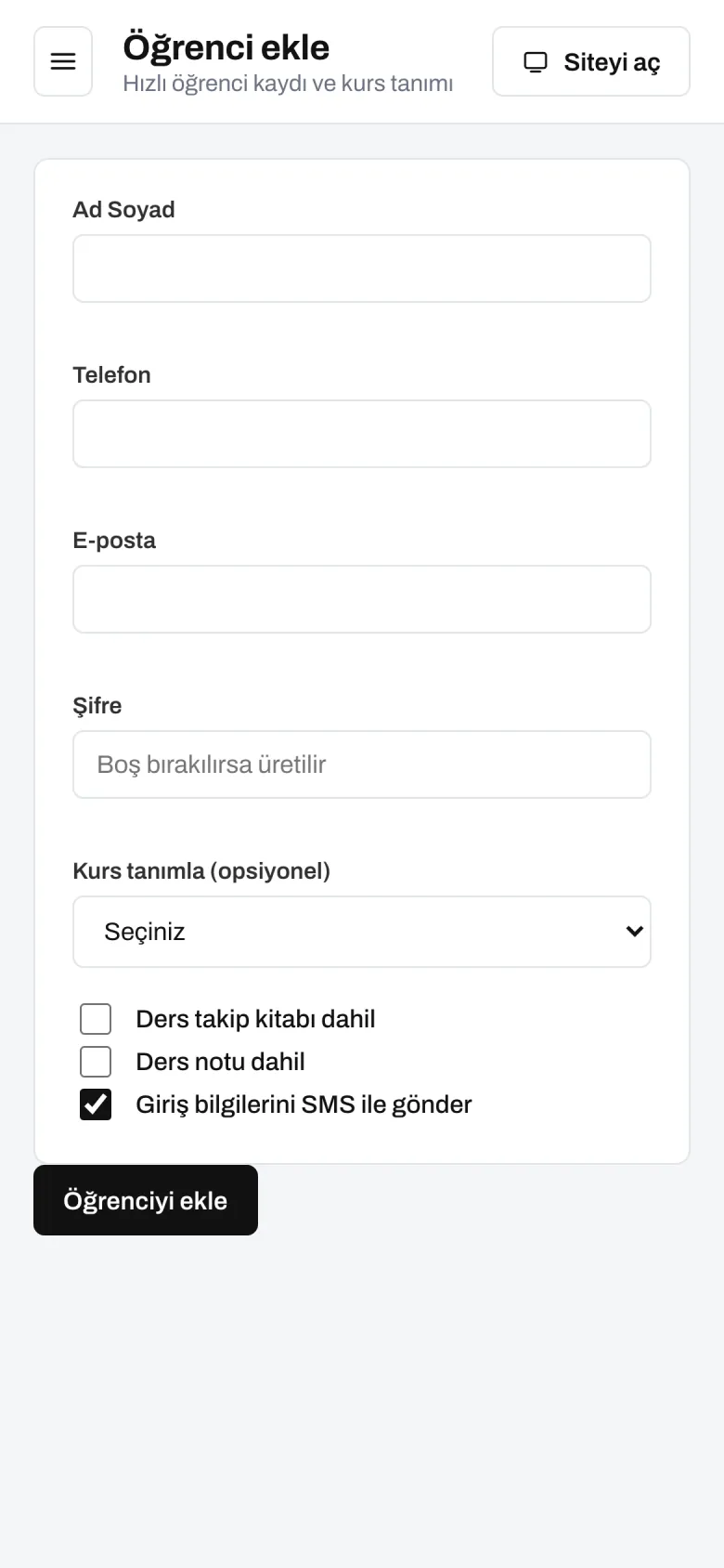 Öğrenci ekle — telefon görünümü