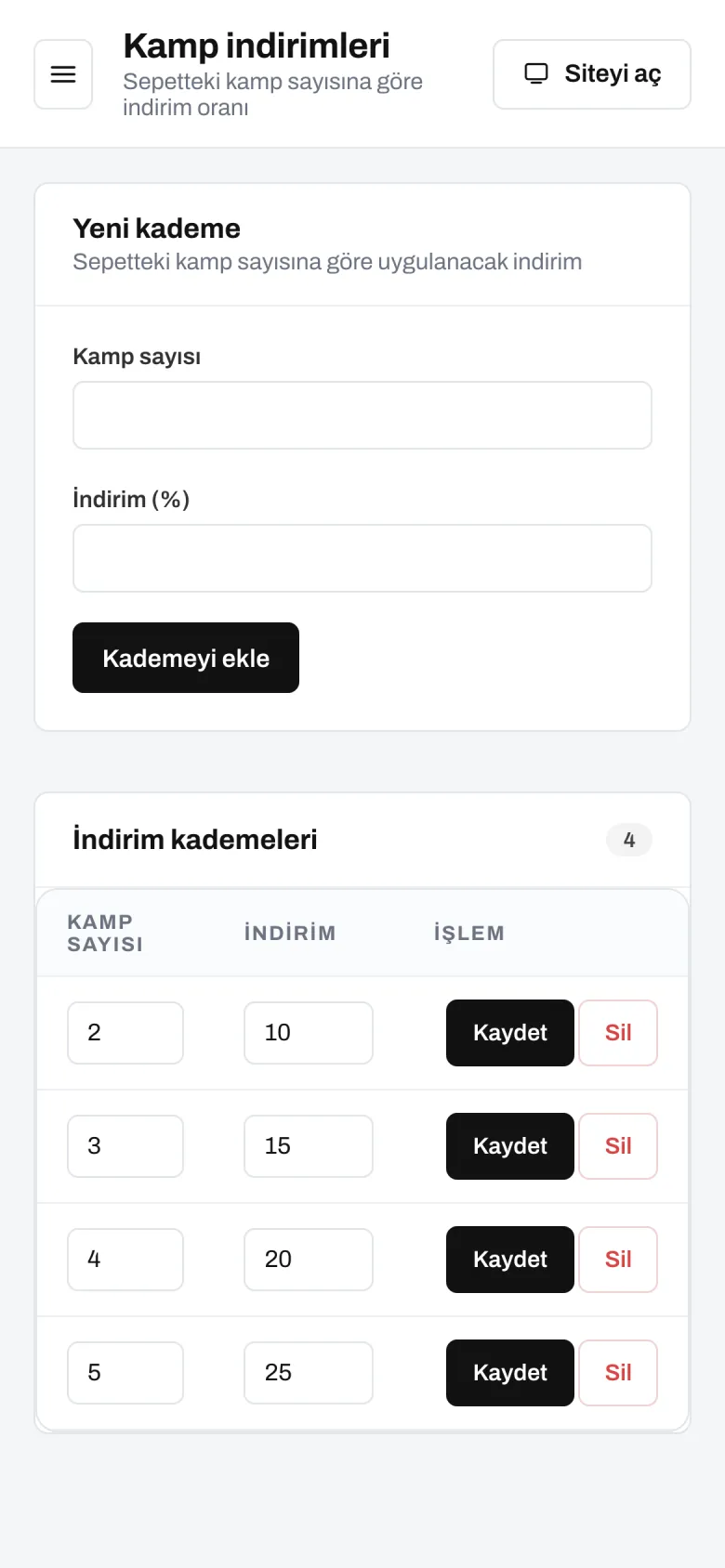 Kamp indirimleri — telefon görünümü