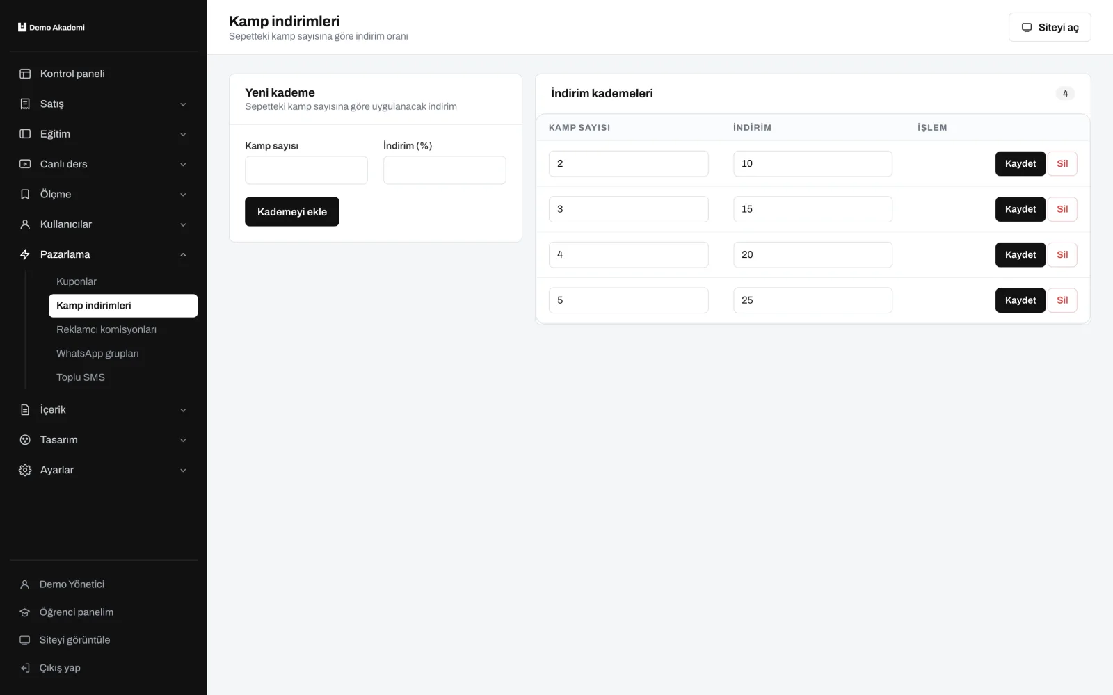 Kamp indirimleri — uzem.app ekranı