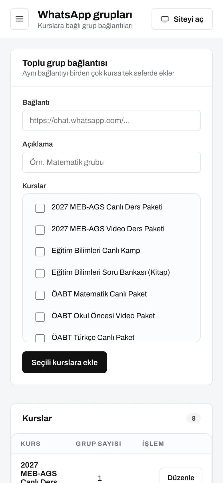 Grup tanımları — telefon görünümü