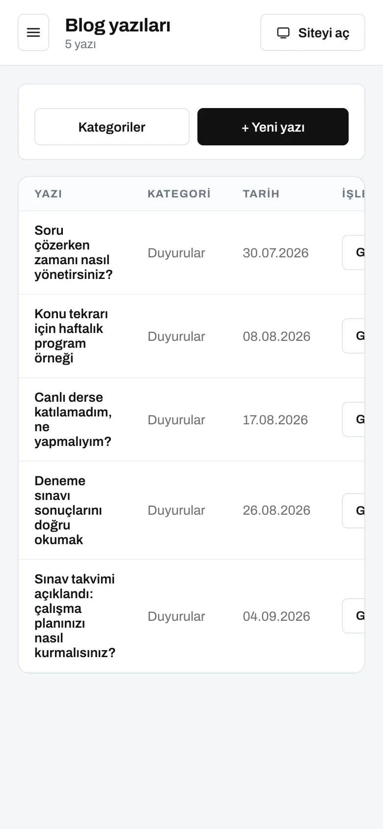 Blog yazıları — telefon görünümü