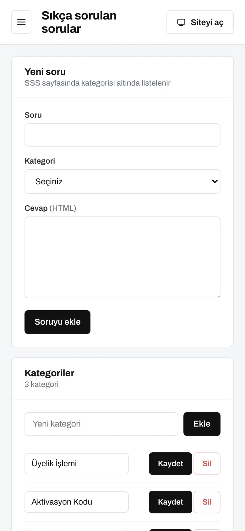 Sık sorulan sorular — telefon görünümü