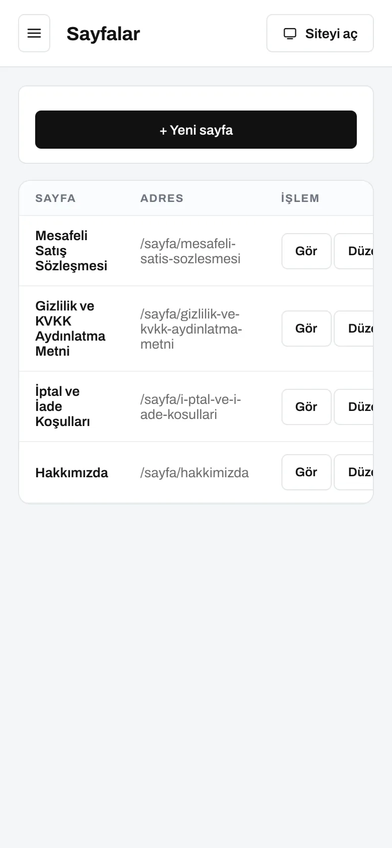 Sayfalar — telefon görünümü
