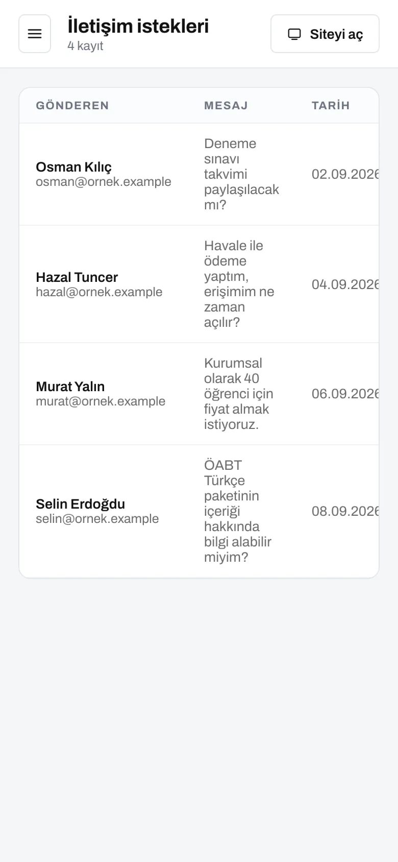 İletişim istekleri — telefon görünümü