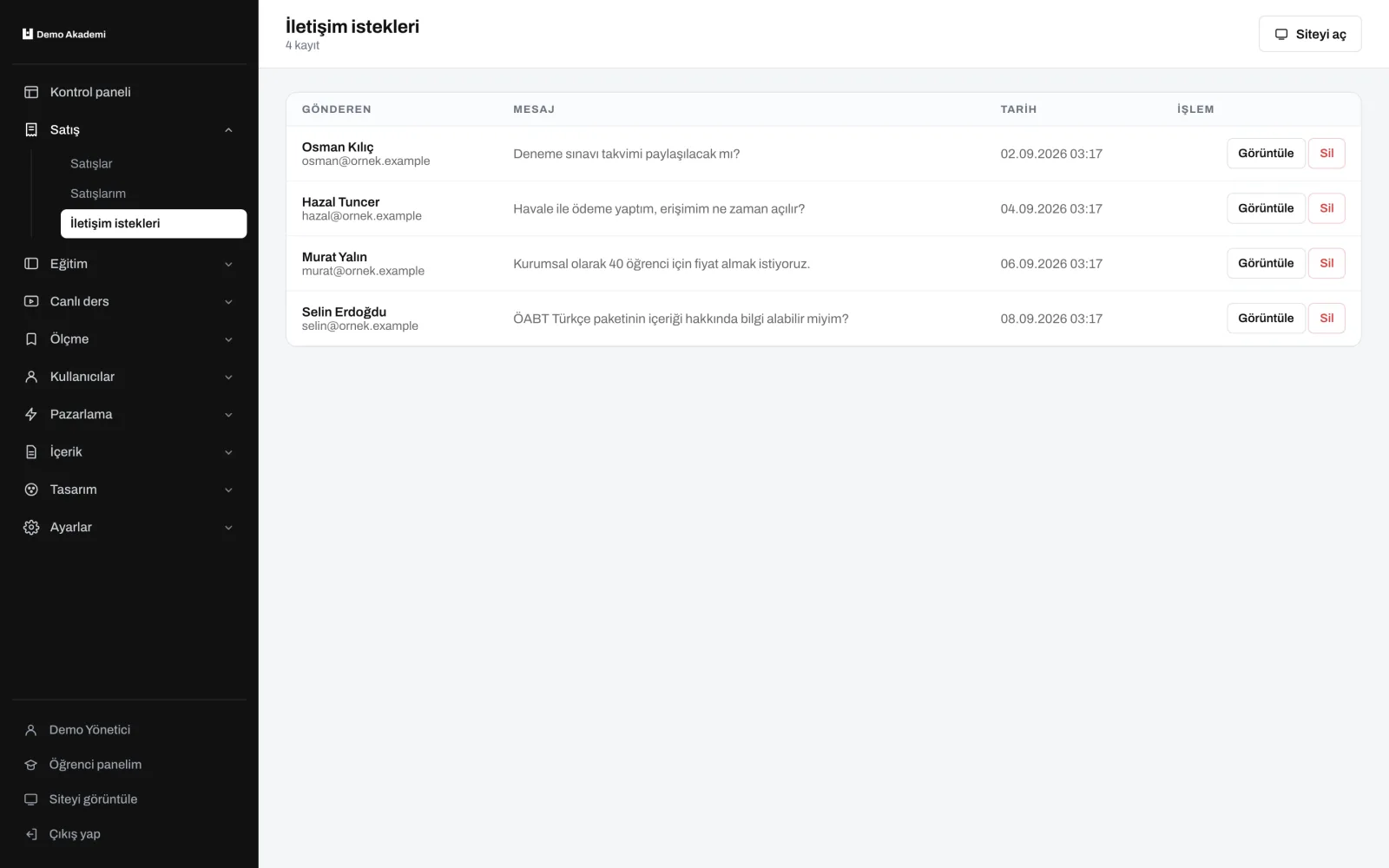 İletişim istekleri — uzem.app ekranı