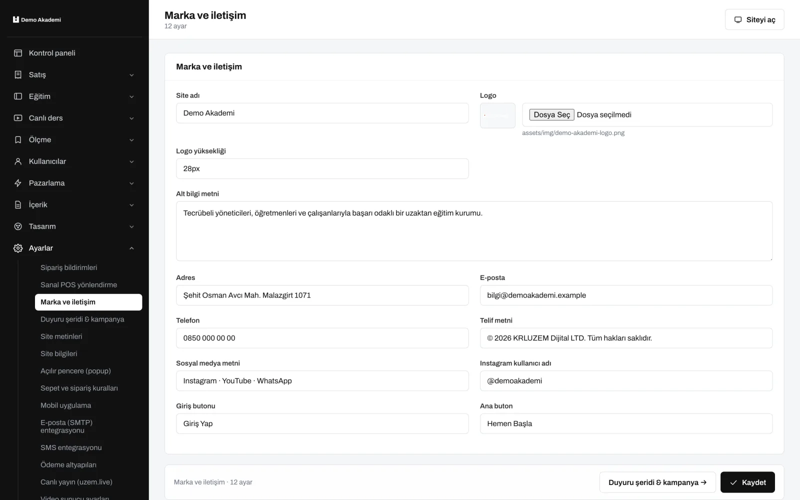Marka ve iletişim — uzem.app ekranı