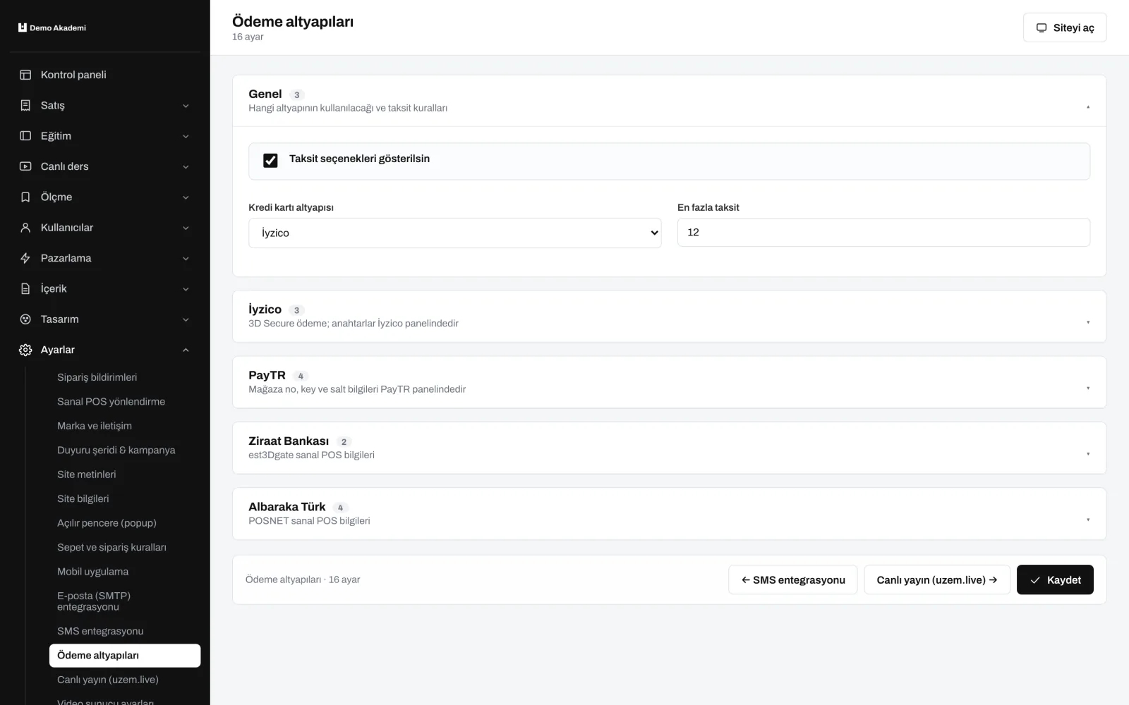 Ödeme altyapıları — uzem.app ekranı