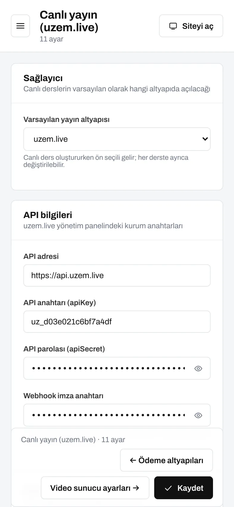 Yayın ayarları — telefon görünümü
