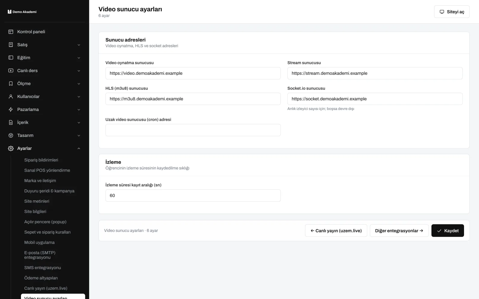 Video sunucu ayarları — uzem.app ekranı