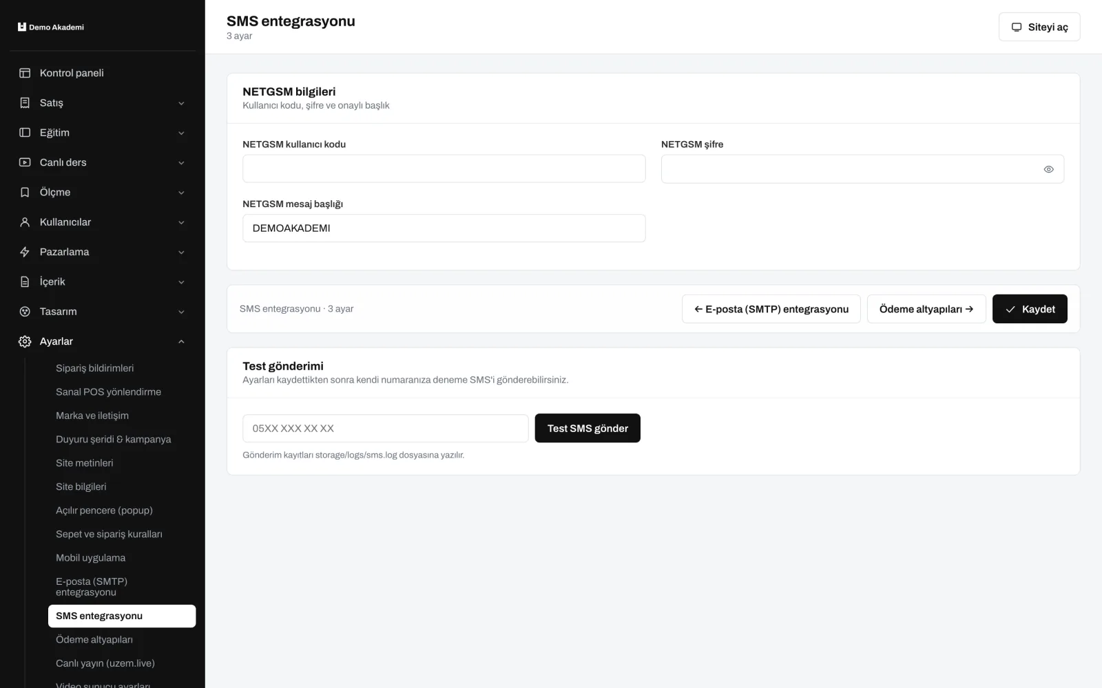 SMS entegrasyonu — uzem.app ekranı