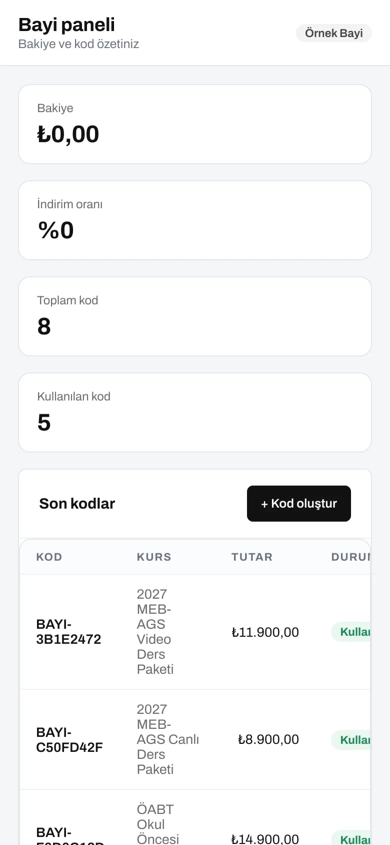 Bayi paneli — telefon görünümü