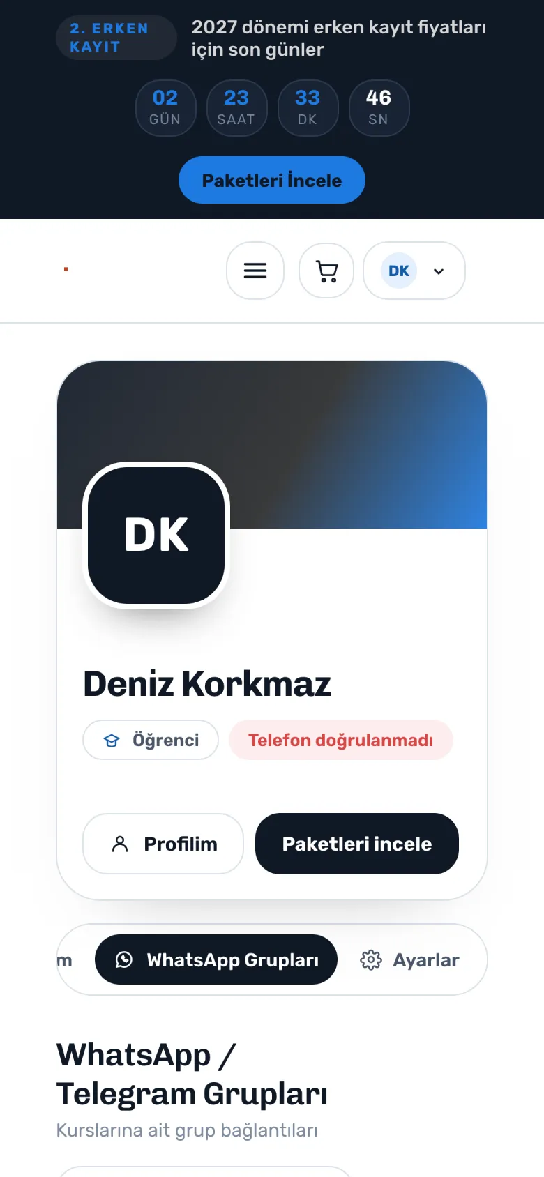 Öğrenci tarafı — telefon görünümü