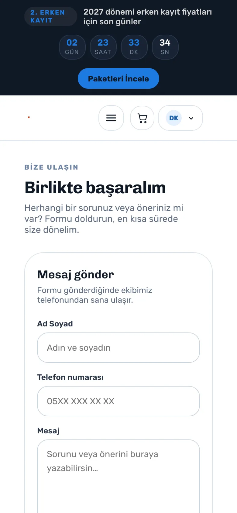 İletişim sayfası — telefon görünümü